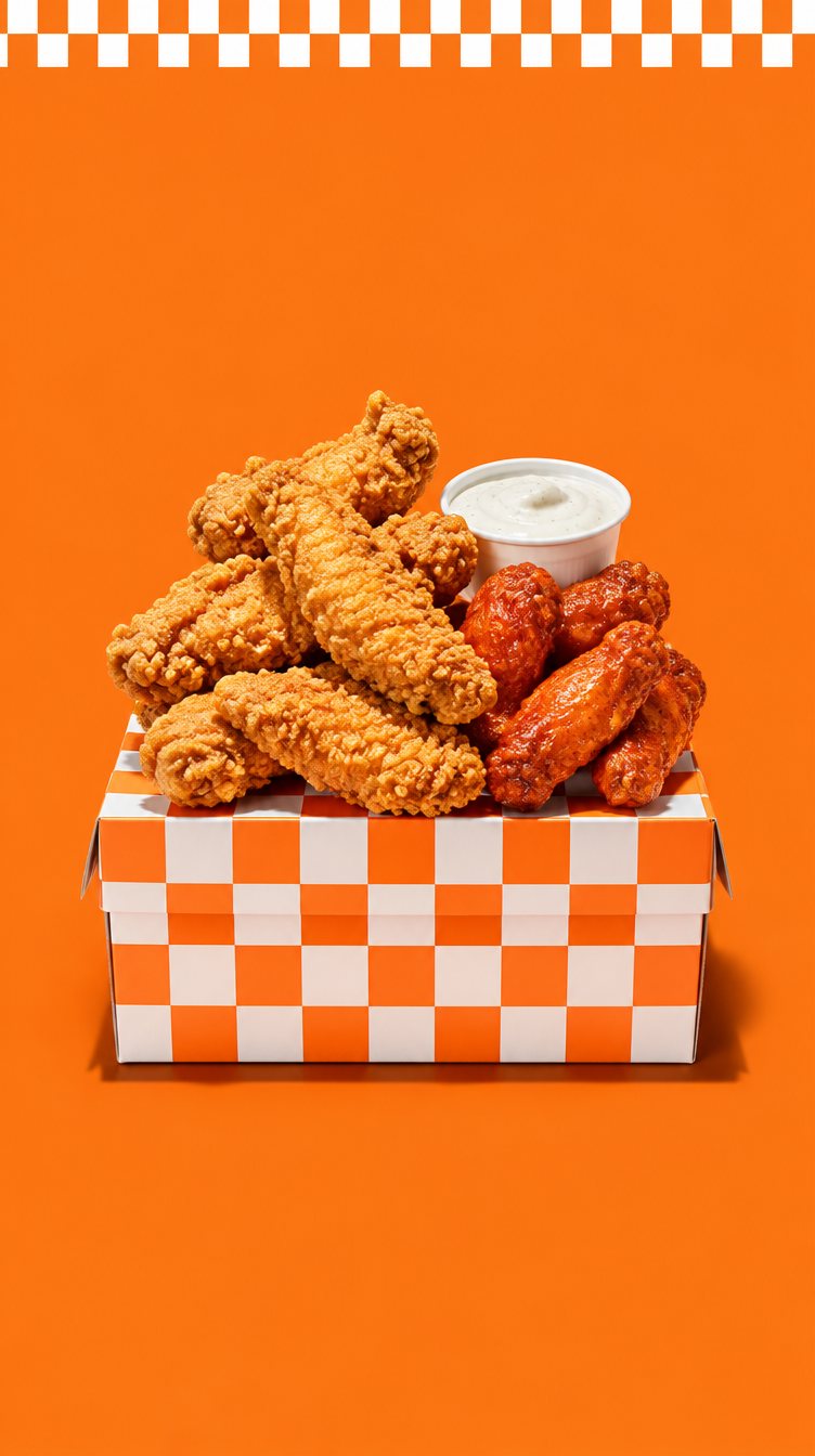 Seau de tenders de poulet frit et wings épicées devant un damier orange et noir