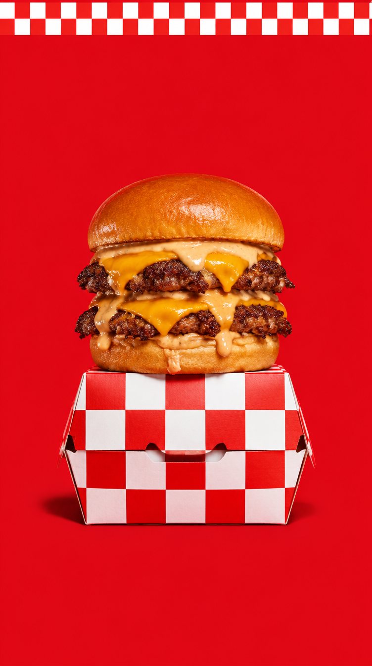 Smash burger double cheddar et cornet de frites devant un damier rouge et blanc