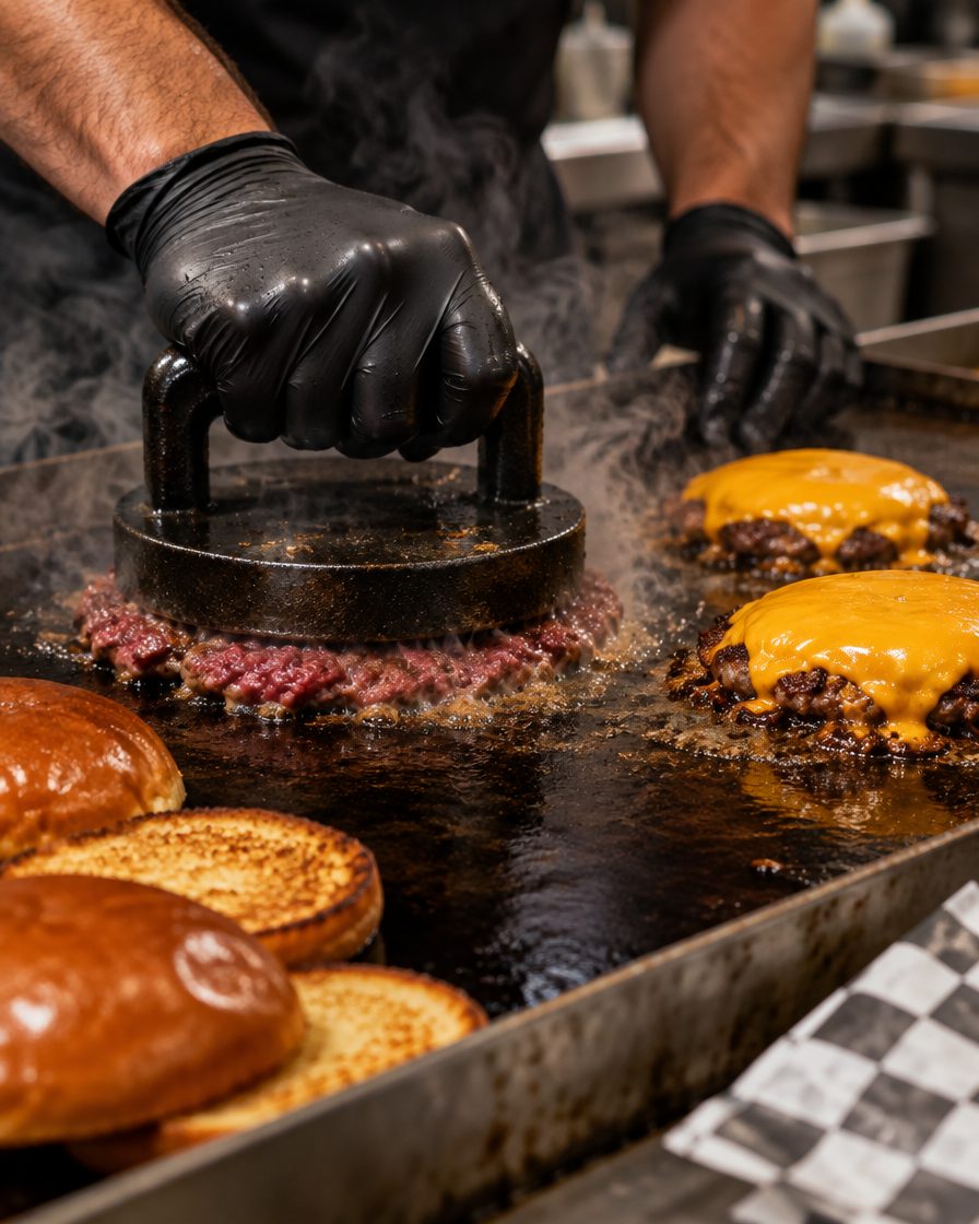 Un cuisinier écrase un steak sur une plancha fumante avec un presse-burger