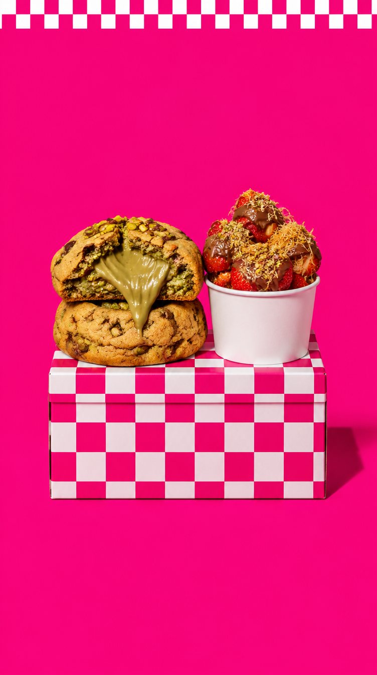 Cookies XXL fourrés à la pistache et pot de fraises au chocolat devant un damier rose et blanc